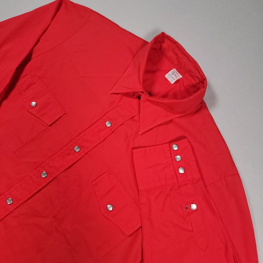 Malco Modes Western Pearl Snap Shirt Mens 16.5x33 Red Solid Regular Fit USA Vtg